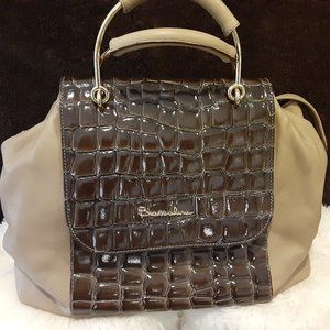 Braccialini Tan Suede and Brown Patent Leather Skinned Purse